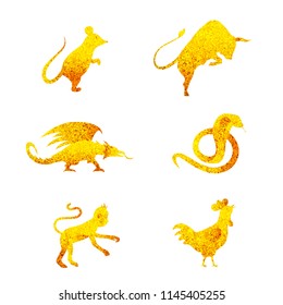 six golden chinese year lunar zodiac horoscope symbols. Zodiac china gold set. Silhouette animal vector illustration. Sparking golden sign isolated on white background - zodiac set 1