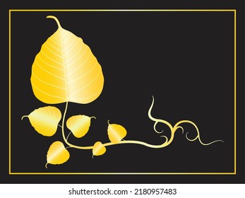 Seis hojas doradas del árbol Bodhi. Símbolos religiosos ficus o higo sagrado del budismo. Logotipo del marco del borde del vector Bodhi con un patrón de ornamento retro en diseño decorativo antiguo- Vector 