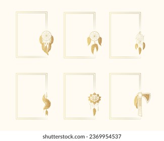 Six golden rectangular frames in boho style with dream catchers, arrows and feathers. Hand drawn vector collection for invitations, covers and greeting cards.