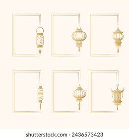 Six golden rectangular frames with traditional Chinese lanterns. Hand drawn isolated set of elements for design of cards, invitations and covers