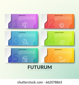 Six gradient colored rectangular elements with numbers, thin line icons and place for text inside, 6 numbered options or features. Creative infographic design layout. Vector illustration for website.