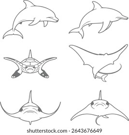 Six gray line art silhouettes of marine animals against a white background depict two dolphins a sea turtle and two manta rays in a simple minimalist style