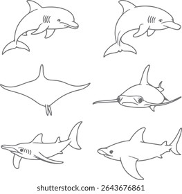 Six gray scale line drawings of aquatic animals against a white background including dolphins sharks and a ray simple minimalist style