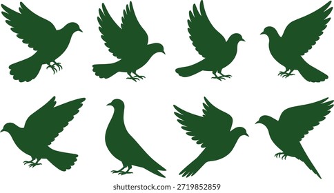 Sechs grüne Tauben im Flug und stehend auf weißem Hintergrund Vogelsilhouette
