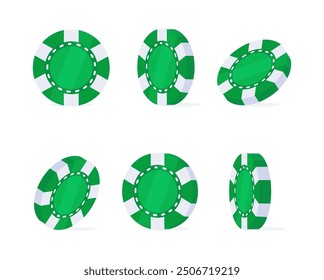 Six green poker chips rotating, showing all sides of the chips, for gambling or casino concepts