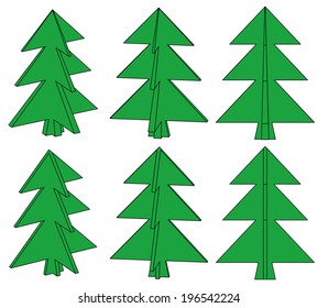 Six green trees on a white background