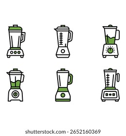 Seis ícones de liquidificador verde e branco Linha moderna Art estilo cozinha gráficos
