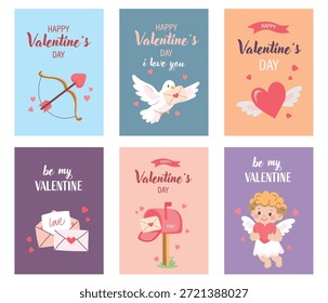 Seis tarjetas de felicitación muestran diferentes diseños que celebran el Día de San Valentín. Cada tarjeta presenta mensajes de amor, corazones, palomas y símbolos de afecto en colores brillantes.