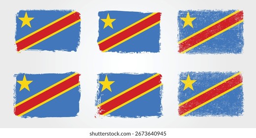 Seis interpretaciones grunge de la bandera de la República Democrática del Congo con un campo azul, una banda roja diagonal con bordes amarillos y una estrella dorada.

