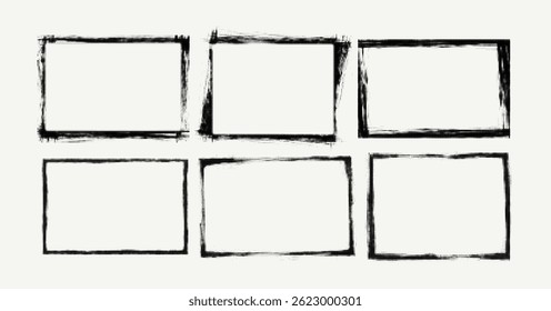 Six grunge-style rectangles in a halftone textured vector illustration. Their aged and distressed look creates a stark and artistic background effect on a light neutral canvas.