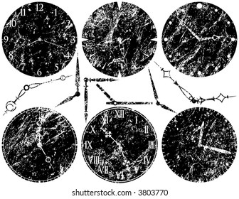 Six Grungy Clock Faces and Hands, faces and hands are separate elements, mix and match as you like