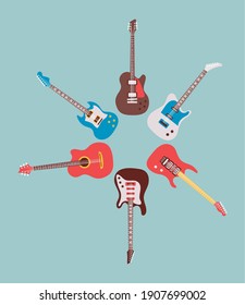 six guitars instruments musicals set icons around vector illustration design