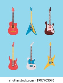 six guitars instruments musicals set icons vector illustration design