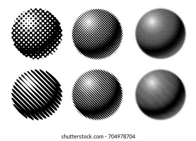 six halftone spheres with dotted and linear raster, vector abstract geometric background