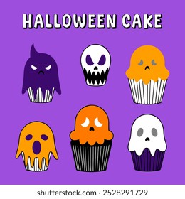 Six Halloween cupcakes with different spooky faces, perfect for a fun and spooky Halloween celebration.
