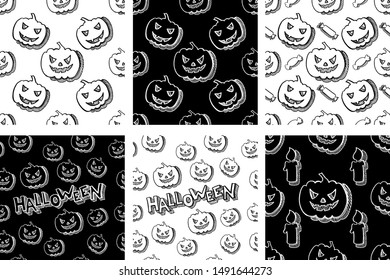 Six halloween different seamless patterns. Endless texture for wallpaper, web page background, wrapping paper, etc. Pumpkins, candies, candles. Black and white vector illustration.