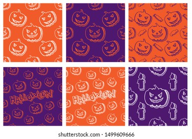 Six halloween different seamless patterns. Endless texture for wallpaper, web page background, wrapping paper, etc. Pumpkins, candies, candles. Vector illustration in orange and violet colors.