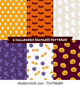 Six Halloween different seamless patterns. Texture for wallpaper, web page, wrapping paper or textile. Funny background for holiday.