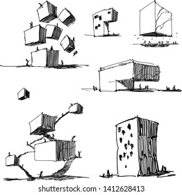 six hand drawn architectectural sketches of a modern abstract architecture