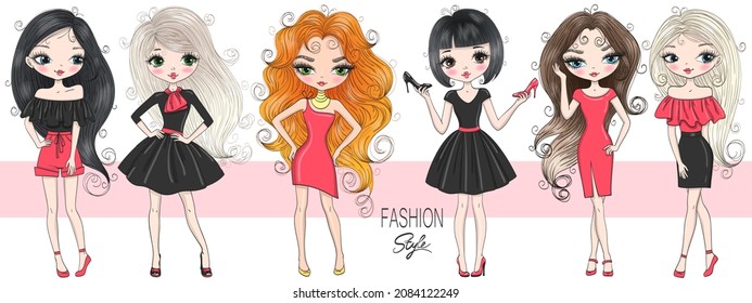 Six hand drawn beautiful cute cartoon amazing fashion girls. Vector illustration.