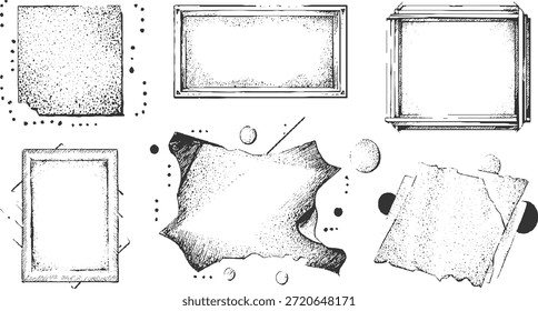 Seis quadros pretos e brancos desenhados à mão e formas abstratas com bordas pontilhadas retângulo quadrado