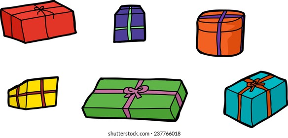 Six hand drawn cartoon gift boxes over white background