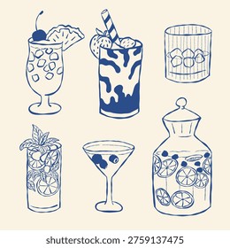 Six hand drawn cocktails and drinks in vintage style. Includes tall glasses with cherries and pineapples, martini, and jar with citrus slices. Illustration shows no people or emotions
