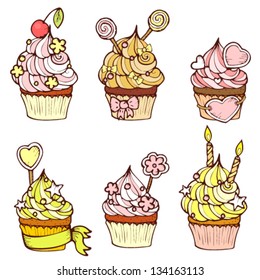 Six hand drawn cupcakes