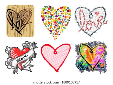 Sechs handgezeichnete, farbige Hearts mit Grafikstil - Set 1