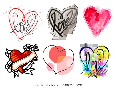 Six Hand drawn different Graphic Style colored Hearts - set 2