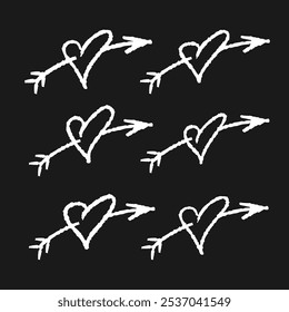 Six hand drawn hearts pierced by an arrow. White on black. Doodles and squiggles. Vector set