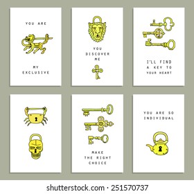 Six hand drawn romantic cards with vintage locks and keys 