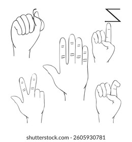 Six hand gestures drawn in simple lines.