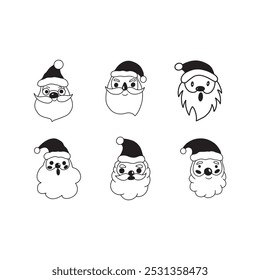 Six hand-drawn Santa Claus faces in simple black line art with various expressions.