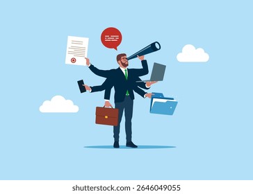 Seis mãos. Empresário com seis mãos fazendo muitas tarefas ao mesmo tempo. Prioridade de trabalho, gerenciamento de tarefas. Ilustração de vetor planaIlustração de vetor plana