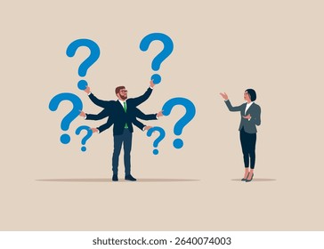 Six hands. The businessman has question marks in his six hands. Thinking of who what where when why and how. Girl asking questions for solution to solve problem, business analysis to new idea. Vector