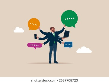 Six hands. The businessman has speech bubbles in his six hands. Work priority,  task management. Discussion, conversation, meeting, team communication. Flat vector illustration