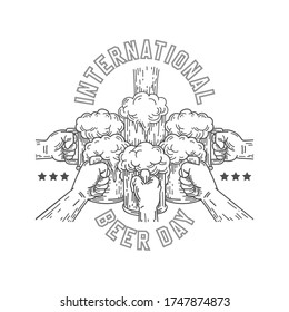 six hands holding six beer .Clinking glasses in plaid shirt. Party celebration in a pub. Isolated vector illustration of six drunk person drinking beer. international beer day