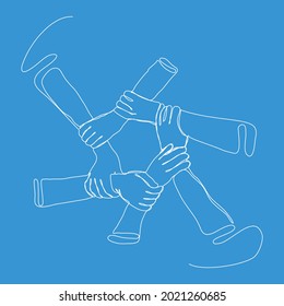 six hands holding each other in one line vector illustration