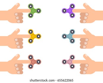 Six hands holding fidget spinner toy isolated on white flat vector illustration. Hand spinner.
