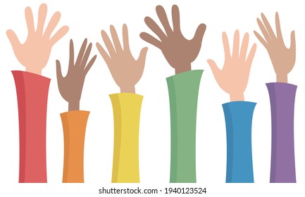Six hands raised up. In rainbow colored clothes.  Vector illustration in flat cartoon style.