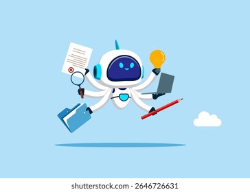 Seis mãos. Robô com seis mãos fazendo muitas tarefas ao mesmo tempo. Prioridade de trabalho, gerenciamento de tarefas. Ilustração de vetor planaIlustração de vetor plana