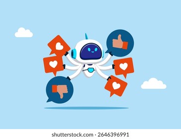Seis mãos. O robô tem uma visão da mídia social positiva e negativa em suas seis mãos. Comunicação social. Ilustração de vetor plano.