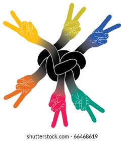 Six Hands tied in a knot showing a Victory signs. Black knot, colorful Hands