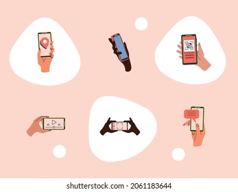 six hands using smartphones icons