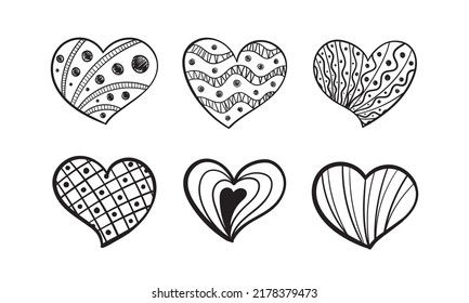 Six handwritten decorated hearts. Perfect for illustrations.