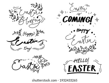 Six handwritten Easter phrases on the white background, font style, lettering, calligraphy, Easter day