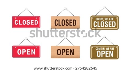 Six hanging signs with open and closed messages in various colors and fonts