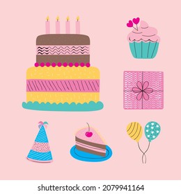 six happy birthday set icons