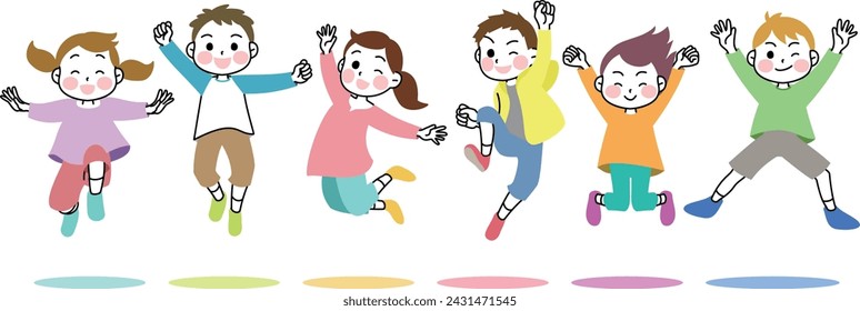 six happy children jumping with colorful shadow isolated on white background.